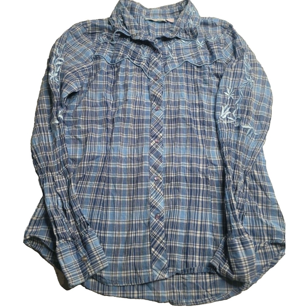 Pink Cadillac‎ Blue Plaid Embroidered Pearl Snap Long Sleeve Shirt Women's Large